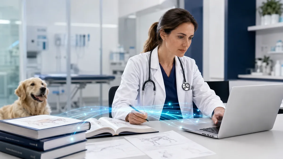 Médica-veterinária consultando livros e laptop, com dados clínicos organizados por inteligência artificial