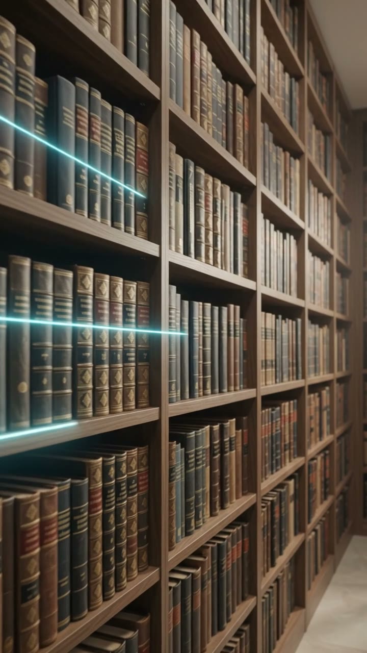 Estante de livros veterinários com painéis de dados clínicos organizados digitalmente